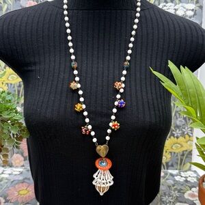 Adorned Crown Jewelry assemblage vintage white glass lamp work bead necklace